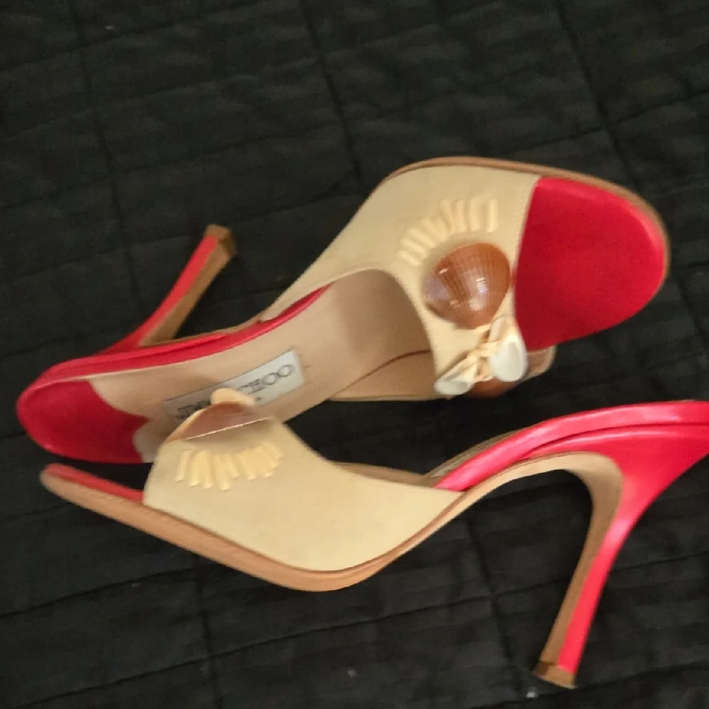Jimmy Choo Red and Tan Mules with Shell Accents - Picture 6 of 10